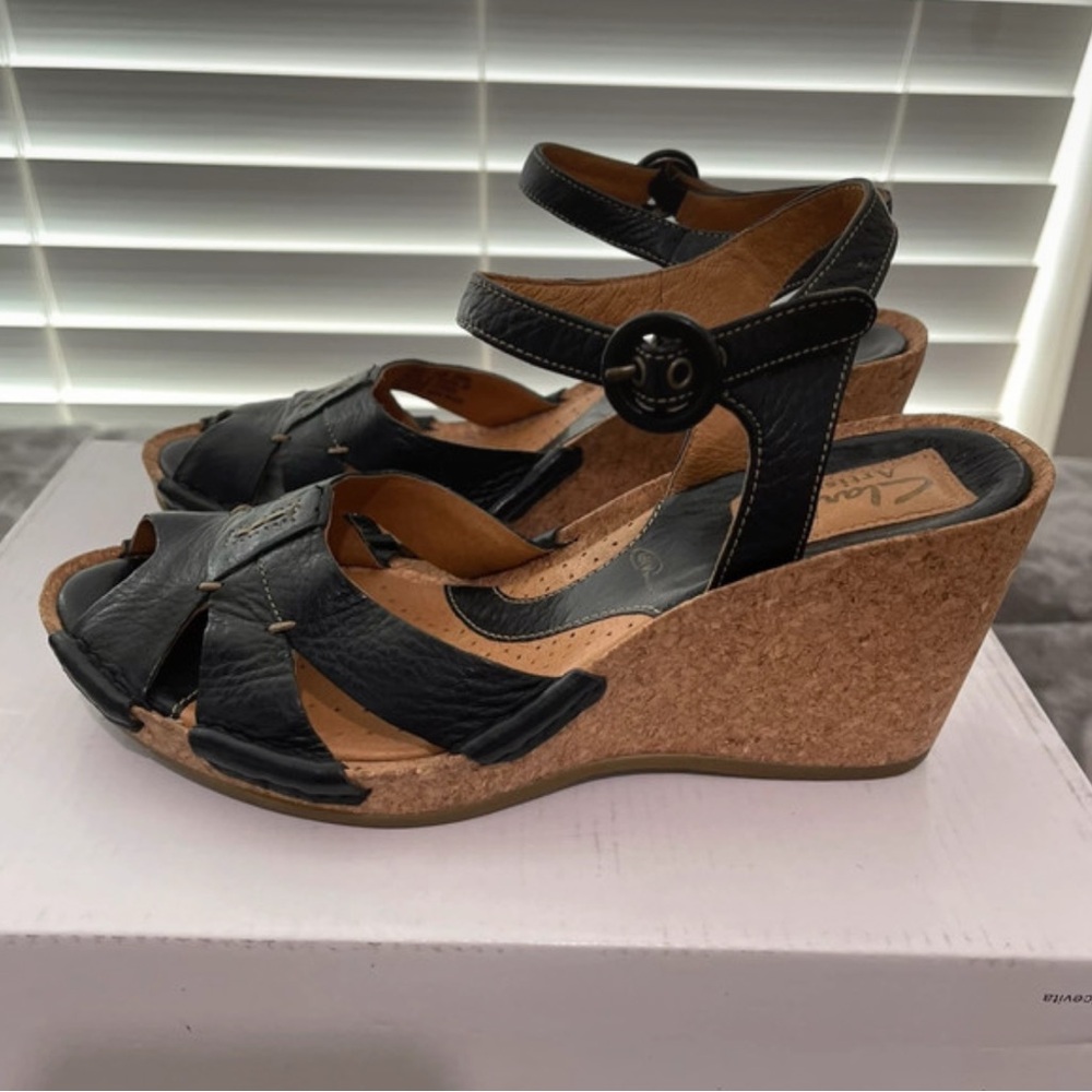 Clarks Black Leather Wedge Sandals
